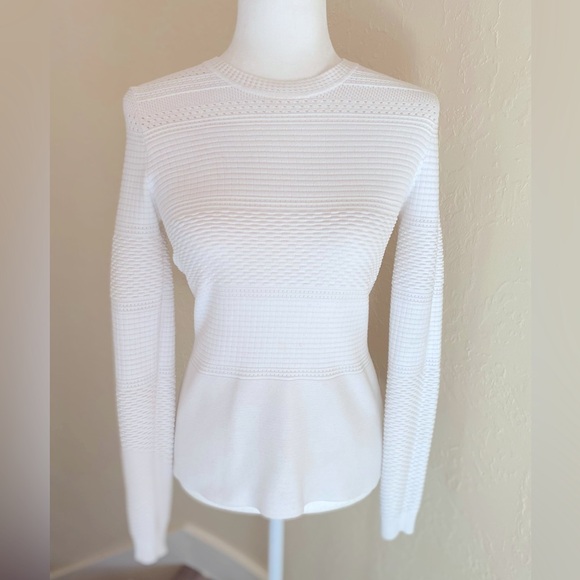 HUGO BOSS White Knit Sweater Size XS Structured Ribbed Crewneck - Picture 3 of 5
